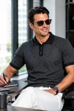 GRN Men's Black Striped Polo T-Shirt | Premium Cotton Blend Knit | Soft & Breathable Casual Polo