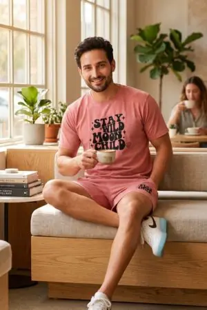 GRN Men's Peach Co-Ord Set | Hosiery Cotton T-Shirt & Shorts Set for Men | Casual Summer Wear