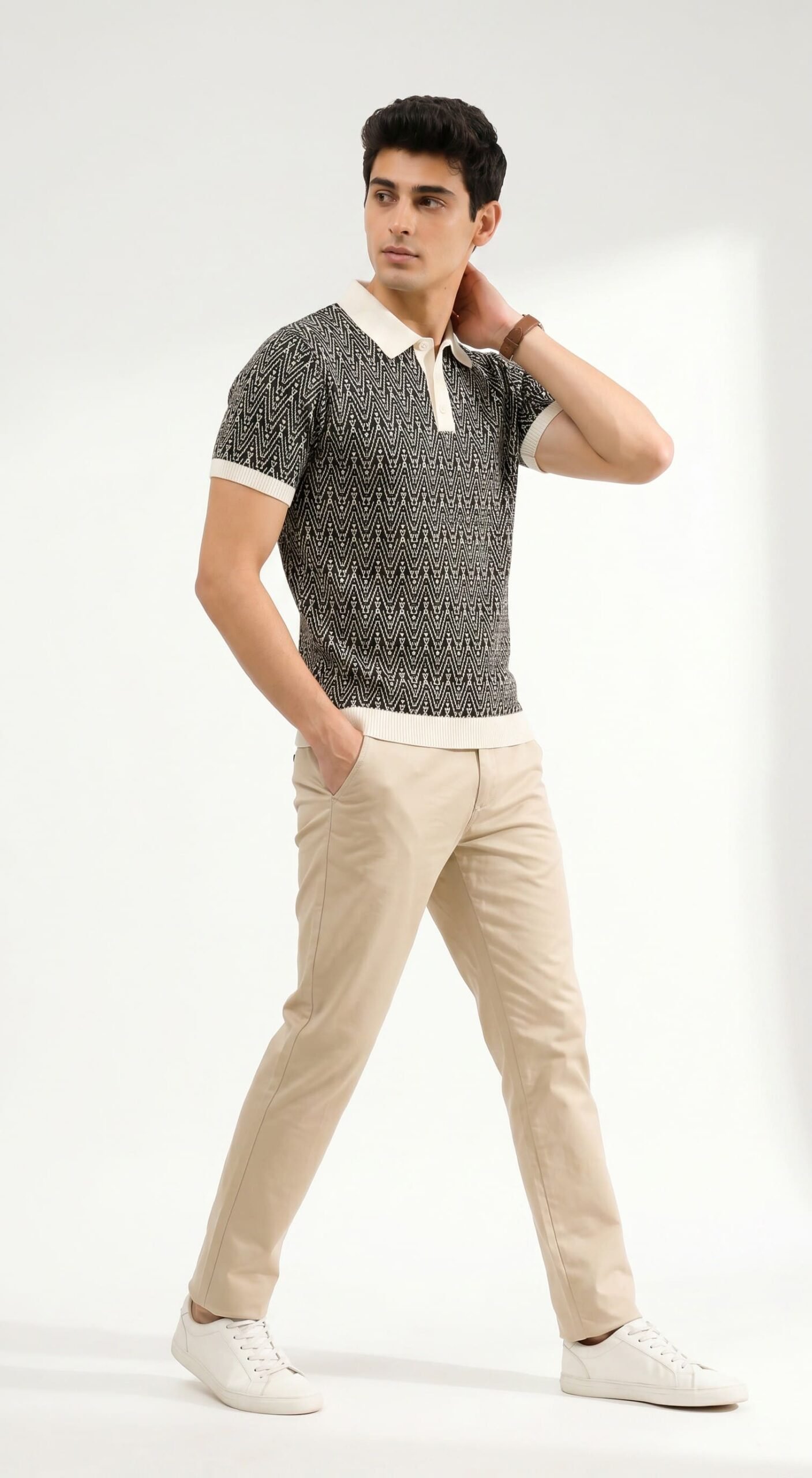 GRN Men's Black Jacquard Polo T-Shirt | Premium Cotton Blend Knit | Soft Breathable Casual Polo - Image 4