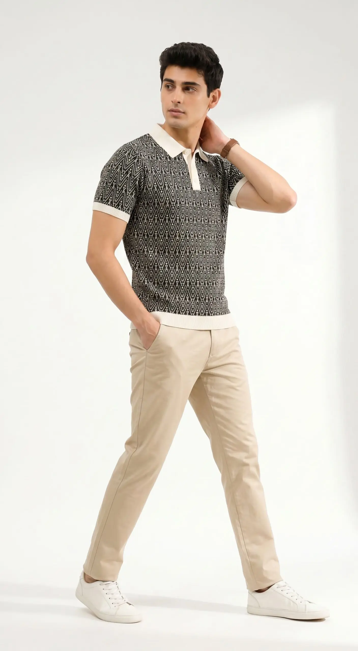 GRN Men's Black Jacquard Polo T-Shirt | Premium Cotton Blend Knit | Soft Breathable Casual Polo - Image 4