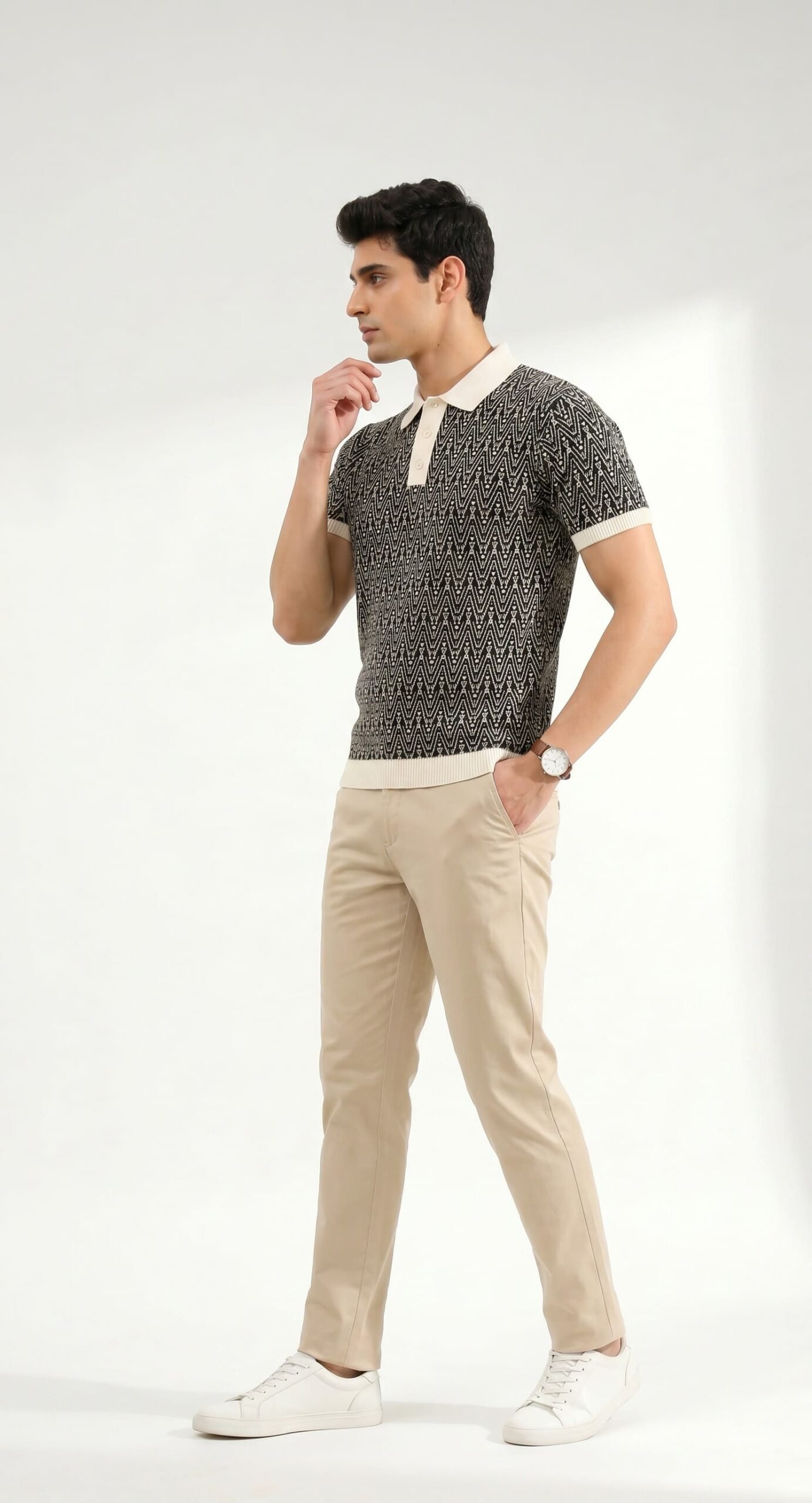 GRN Men's Black Jacquard Polo T-Shirt | Premium Cotton Blend Knit | Soft Breathable Casual Polo - Image 2