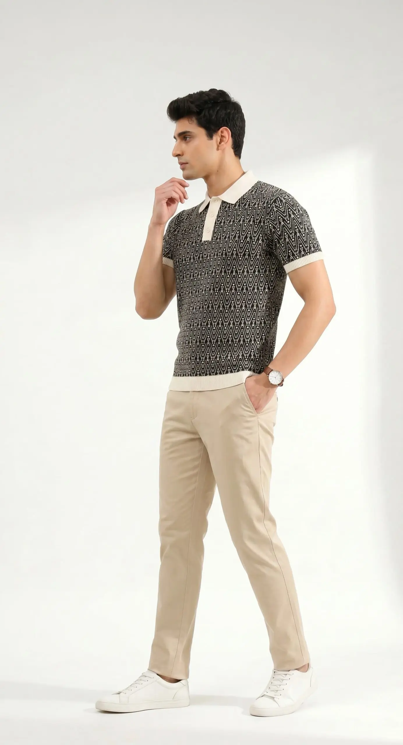 GRN Men's Black Jacquard Polo T-Shirt | Premium Cotton Blend Knit | Soft Breathable Casual Polo - Image 2
