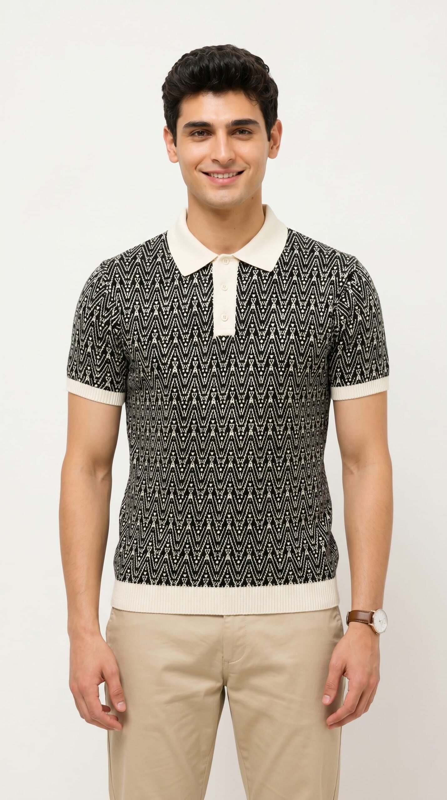 GRN Men's Black Jacquard Polo T-Shirt | Premium Cotton Blend Knit | Soft Breathable Casual Polo - Image 3