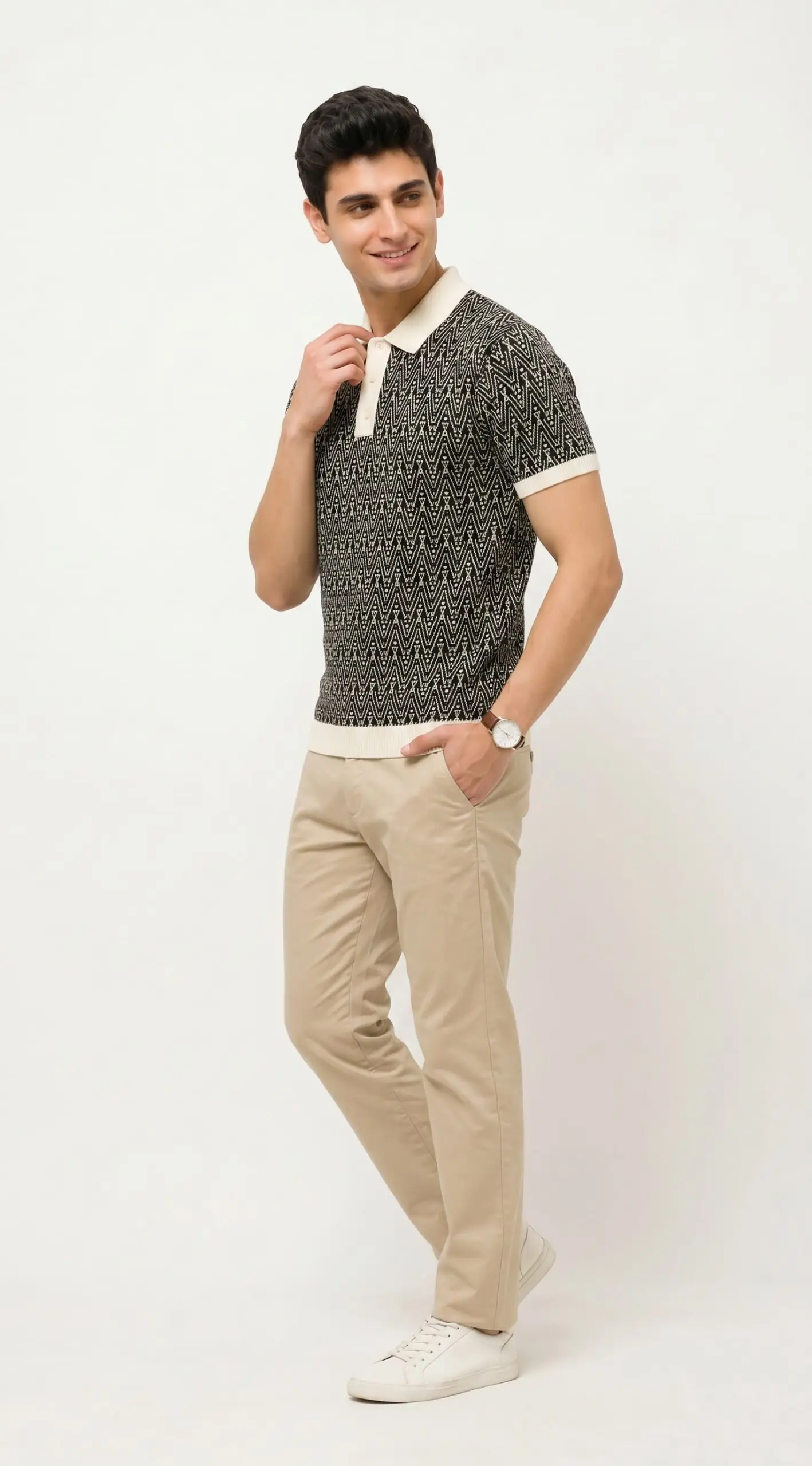 GRN Men's Black Jacquard Polo T-Shirt | Premium Cotton Blend Knit | Soft Breathable Casual Polo - Image 7