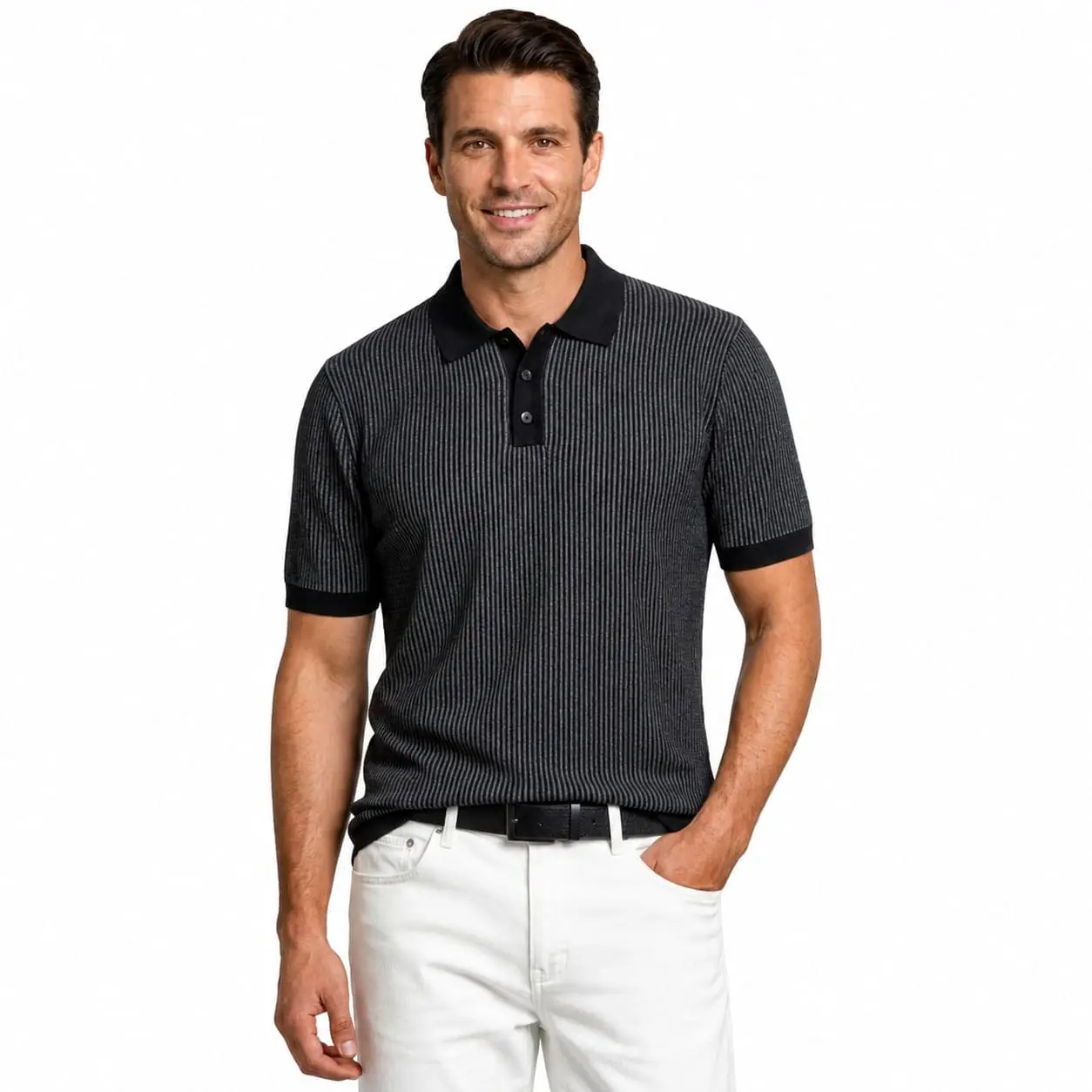 GRN Men's Black Striped Polo T-Shirt | Premium Cotton Blend Knit | Soft & Breathable Casual Polo - Image 3
