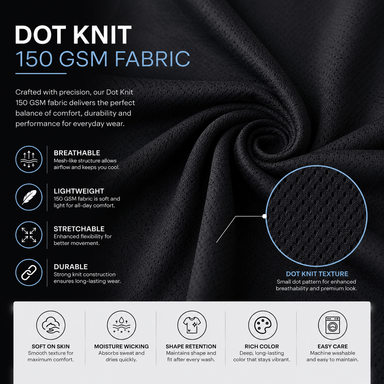 GRN Men's Black Round Neck T-Shirt | Premium Dot Knit 150 GSM | Soft Breathable Cotton Blend | Regular Fit Casual T-Shirt - Image 5