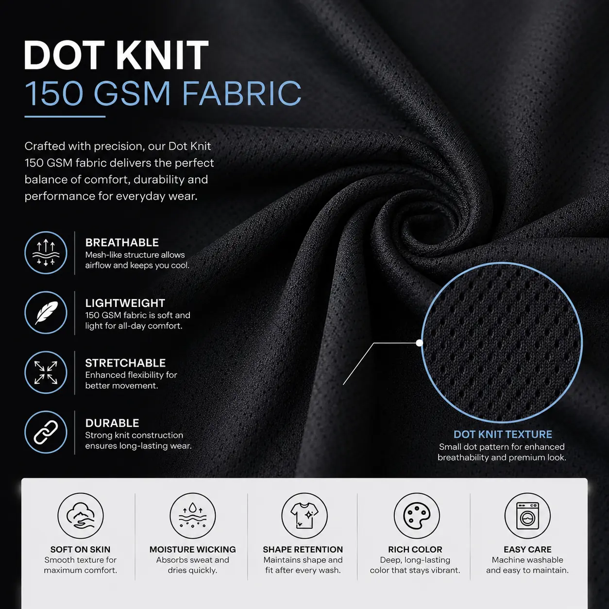 GRN Men's Black Round Neck T-Shirt | Premium Dot Knit 150 GSM | Soft Breathable Cotton Blend | Regular Fit Casual T-Shirt - Image 5