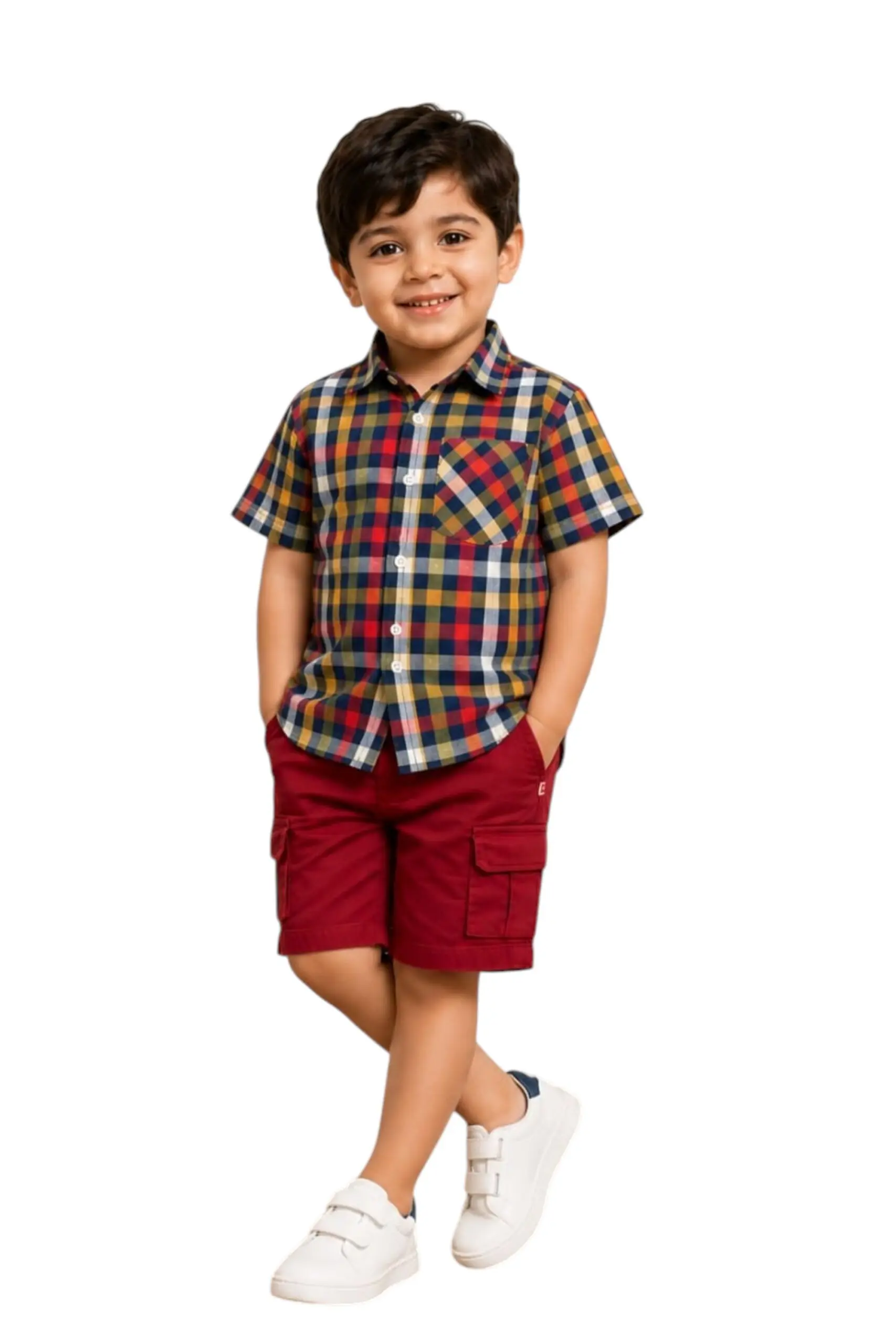 GRN Boys Checked Cotton Shirt and Cargo Shorts Clothing Set - Image 3