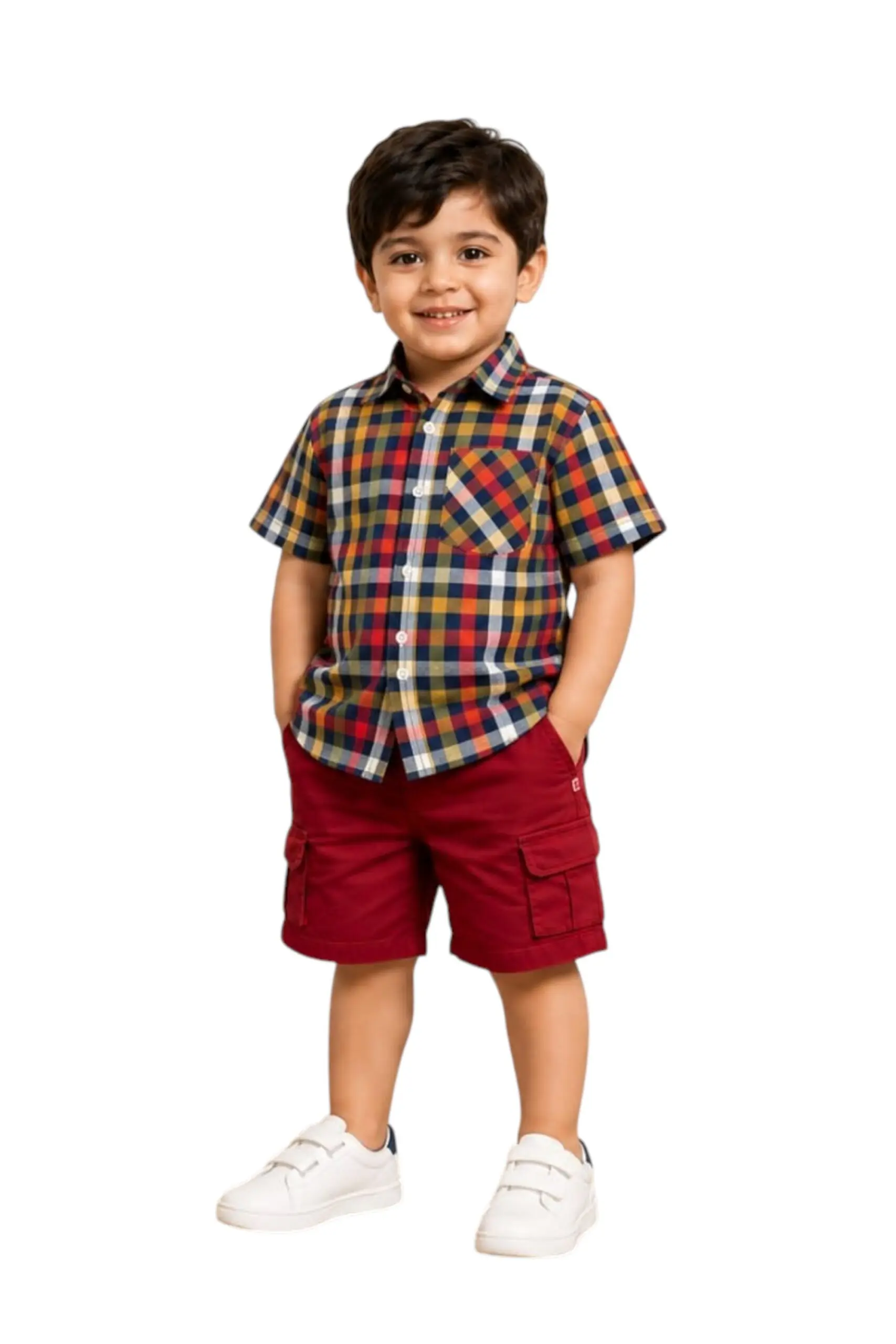 GRN Boys Checked Cotton Shirt and Cargo Shorts Clothing Set - Image 4