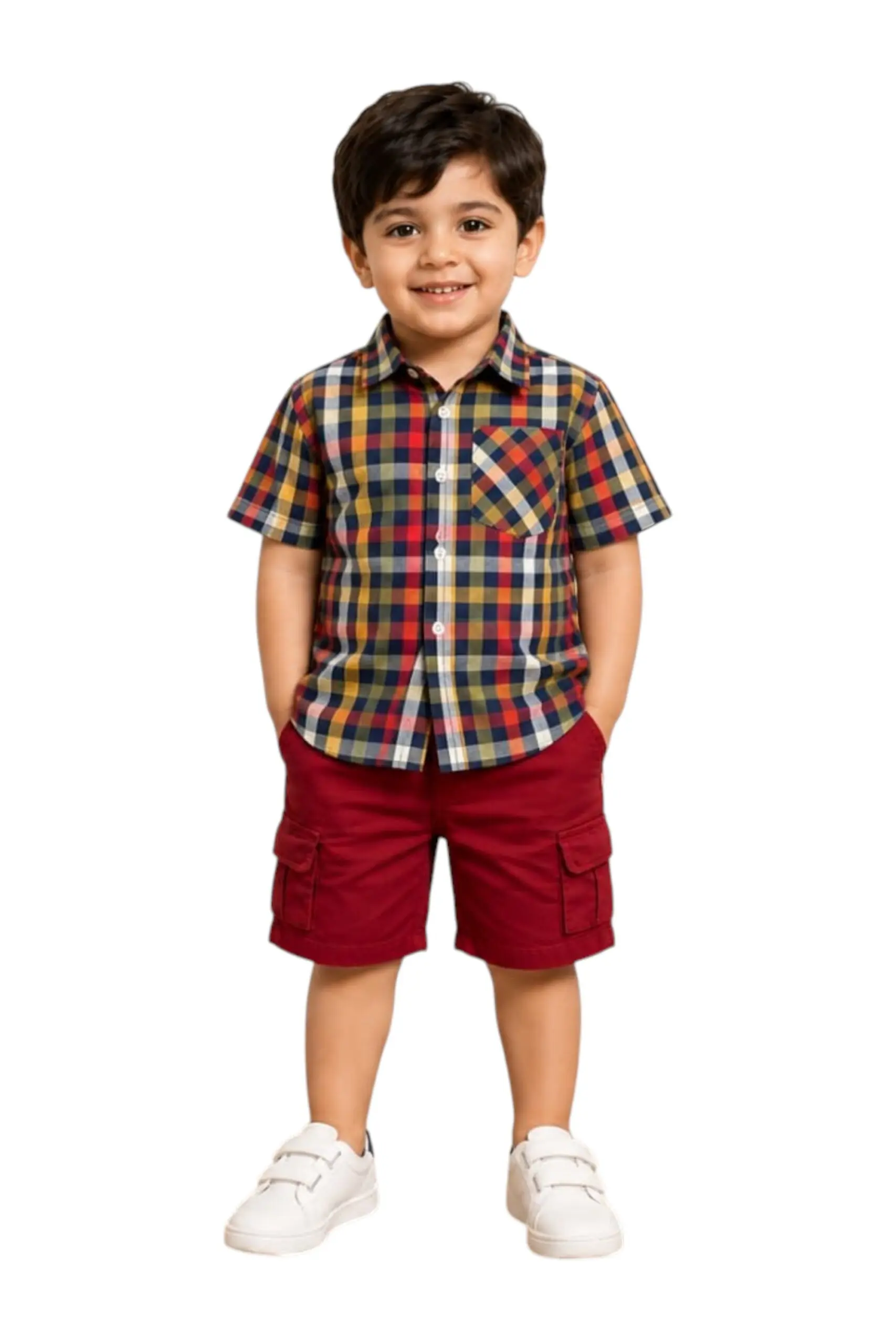 GRN Boys Checked Cotton Shirt and Cargo Shorts Clothing Set - Image 2