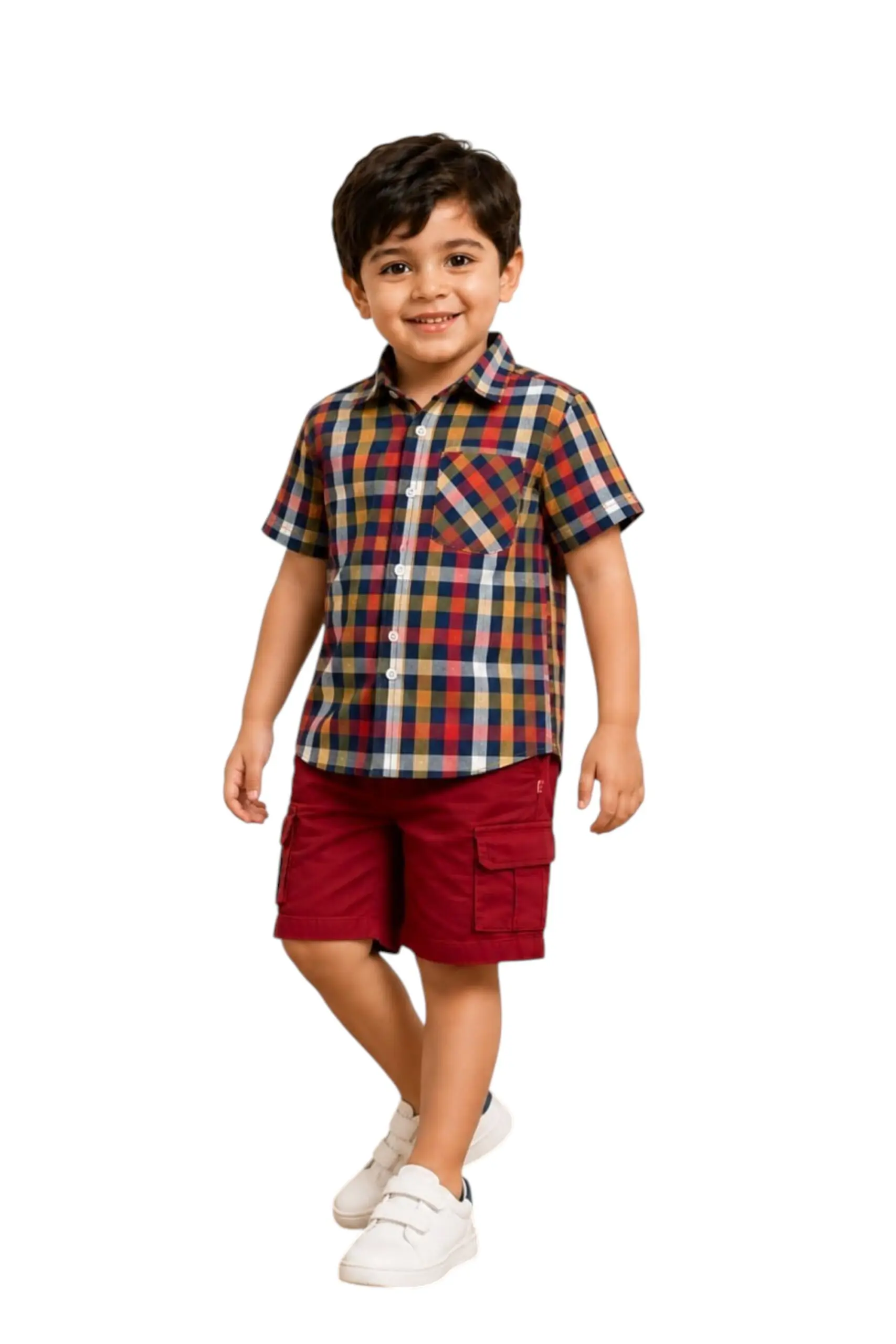 GRN Boys Checked Cotton Shirt and Cargo Shorts Clothing Set