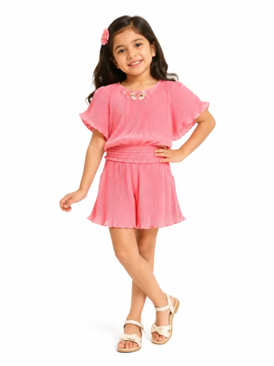 GRN Girls Pink Pleated Stylish Top and Shorts Outfit for Kids - Image 2