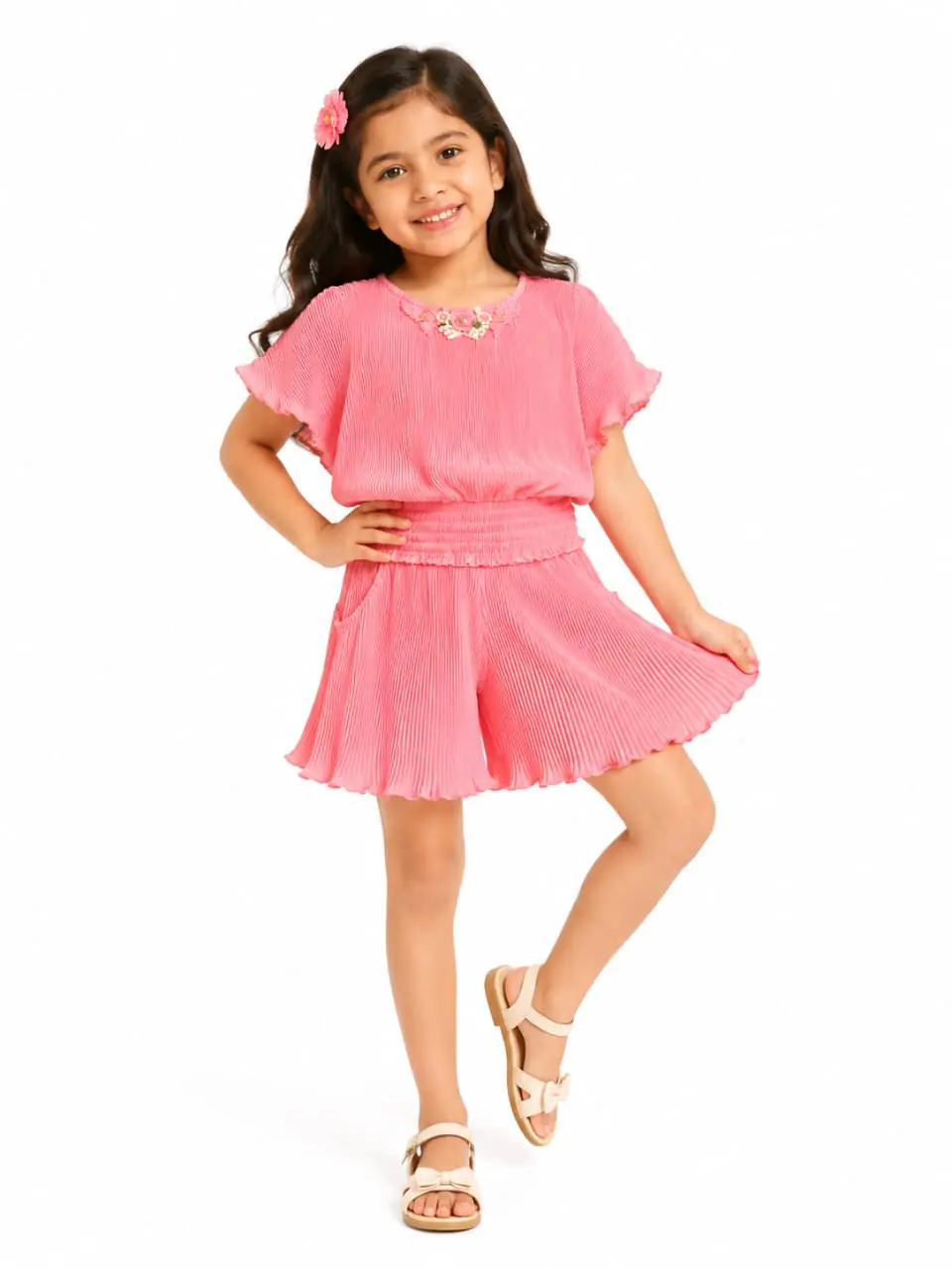 GRN Girls Pink Pleated Stylish Top and Shorts Outfit for Kids - Image 3