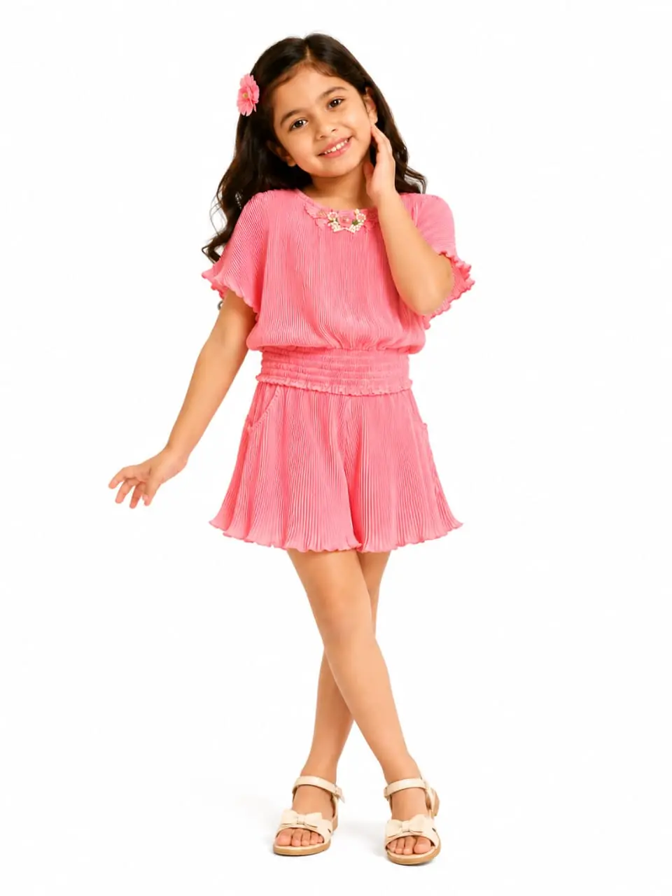 GRN Girls Pink Pleated Stylish Top and Shorts Outfit for Kids - Image 4
