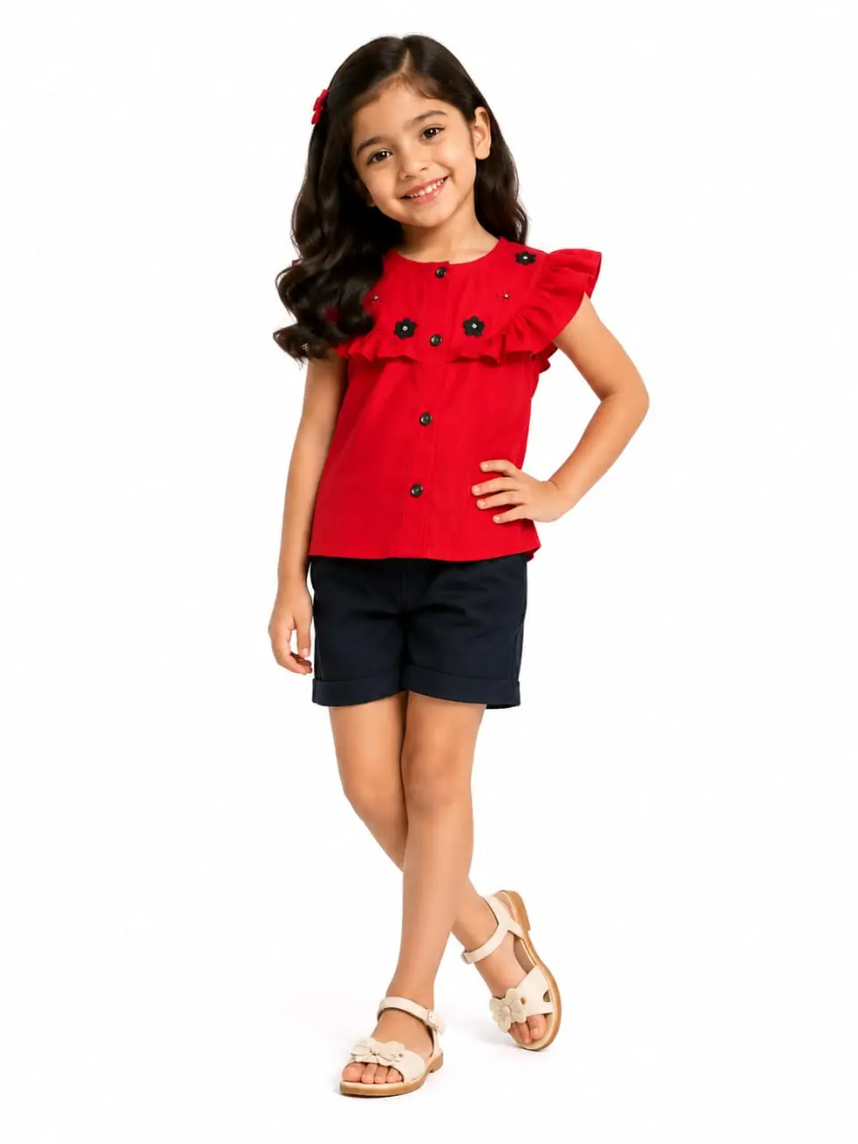 GRN Girls Red Ruffle Top and Black Shorts Co-Ord Set for Kids - Image 2