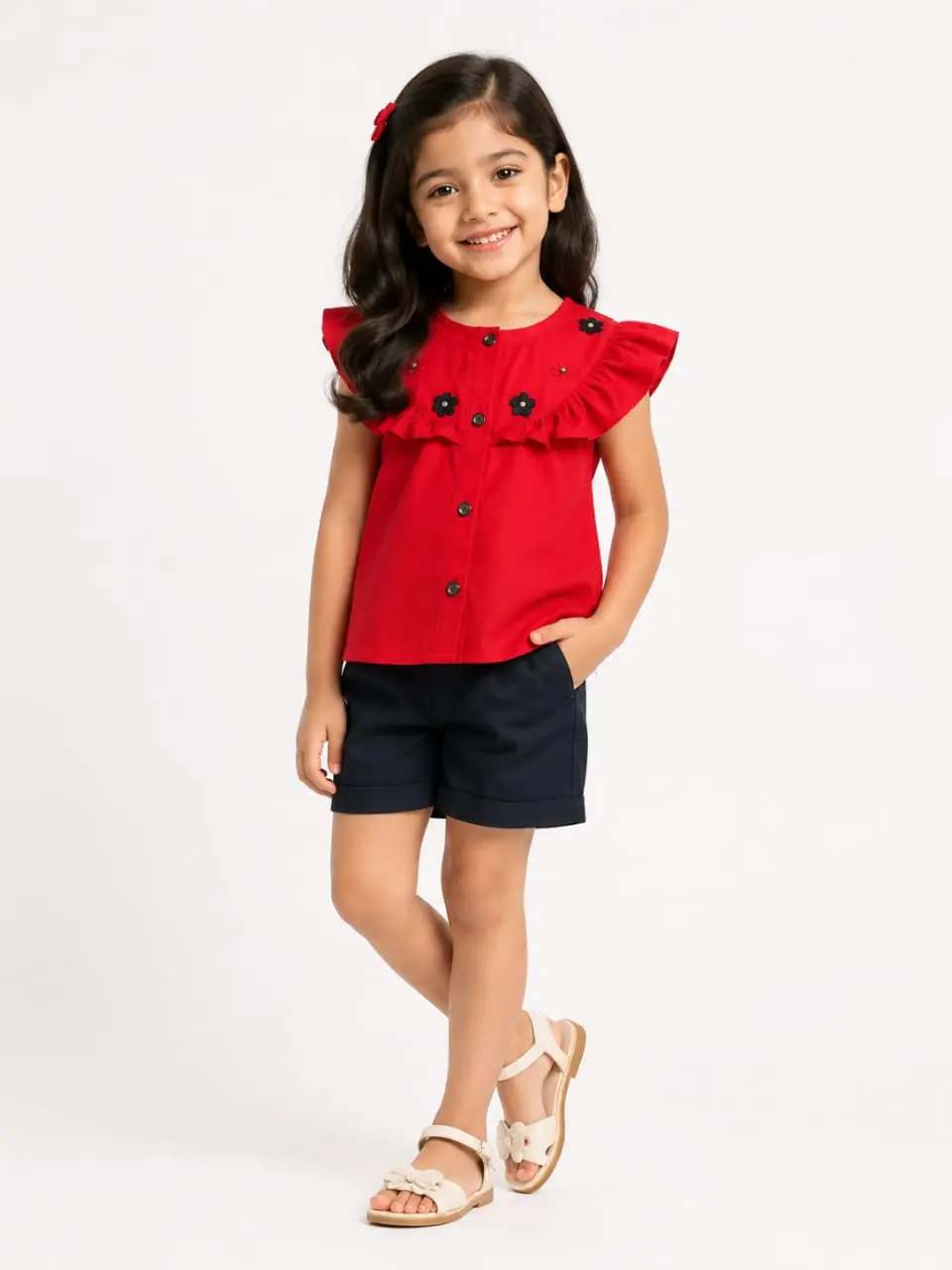 GRN Girls Red Ruffle Top and Black Shorts Co-Ord Set for Kids - Image 3
