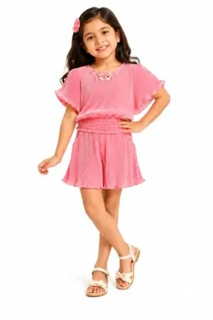 GRN Girls Pink Pleated Stylish Top and Shorts Outfit for Kids