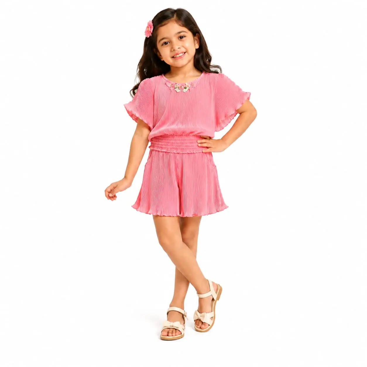 GRN Girls Pink Pleated Stylish Top and Shorts Outfit for Kids