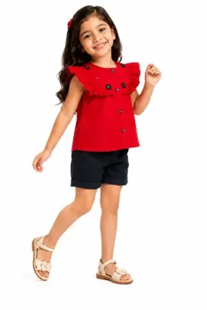 GRN Girls Red Ruffle Top and Black Shorts Co-Ord Set for Kids