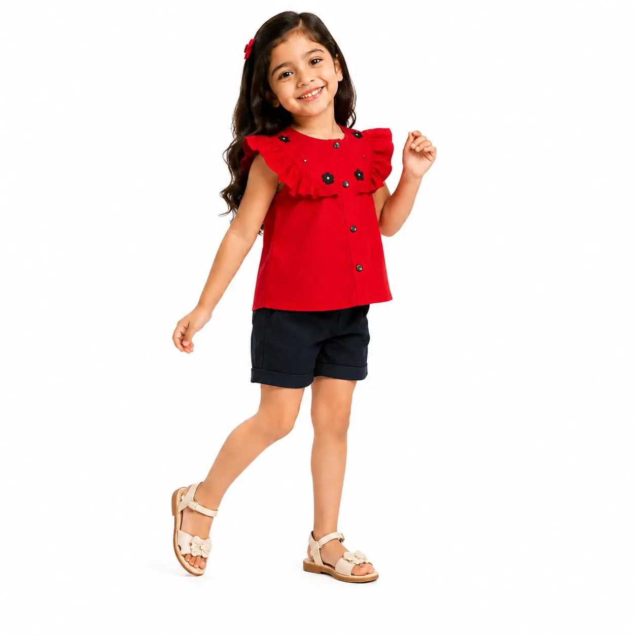 GRN Girls Red Ruffle Top and Black Shorts Co-Ord Set for Kids