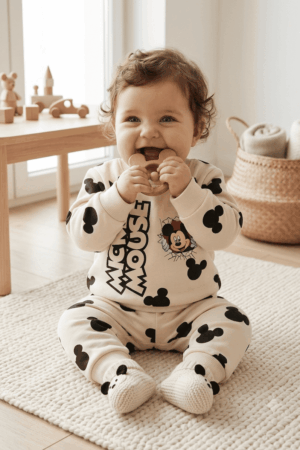 GRN Unisex Baby Printed Fleece Co-Ord Set for 3-12 Months | Soft Winter Sweatshirt & Jogger Set | Cream