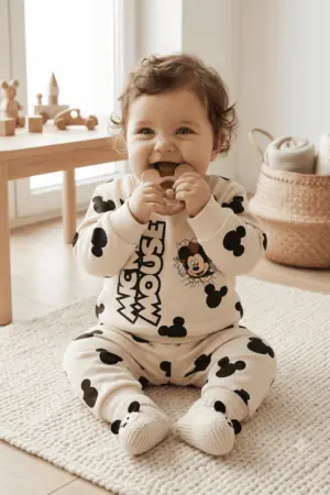 GRN Unisex Baby Printed Fleece Co-Ord Set for 3-12 Months | Soft Winter Sweatshirt & Jogger Set | Cream