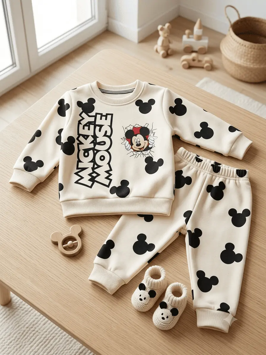 GRN Unisex Baby Printed Fleece Co-Ord Set for 3-12 Months | Soft Winter Sweatshirt & Jogger Set | Cream - Image 2