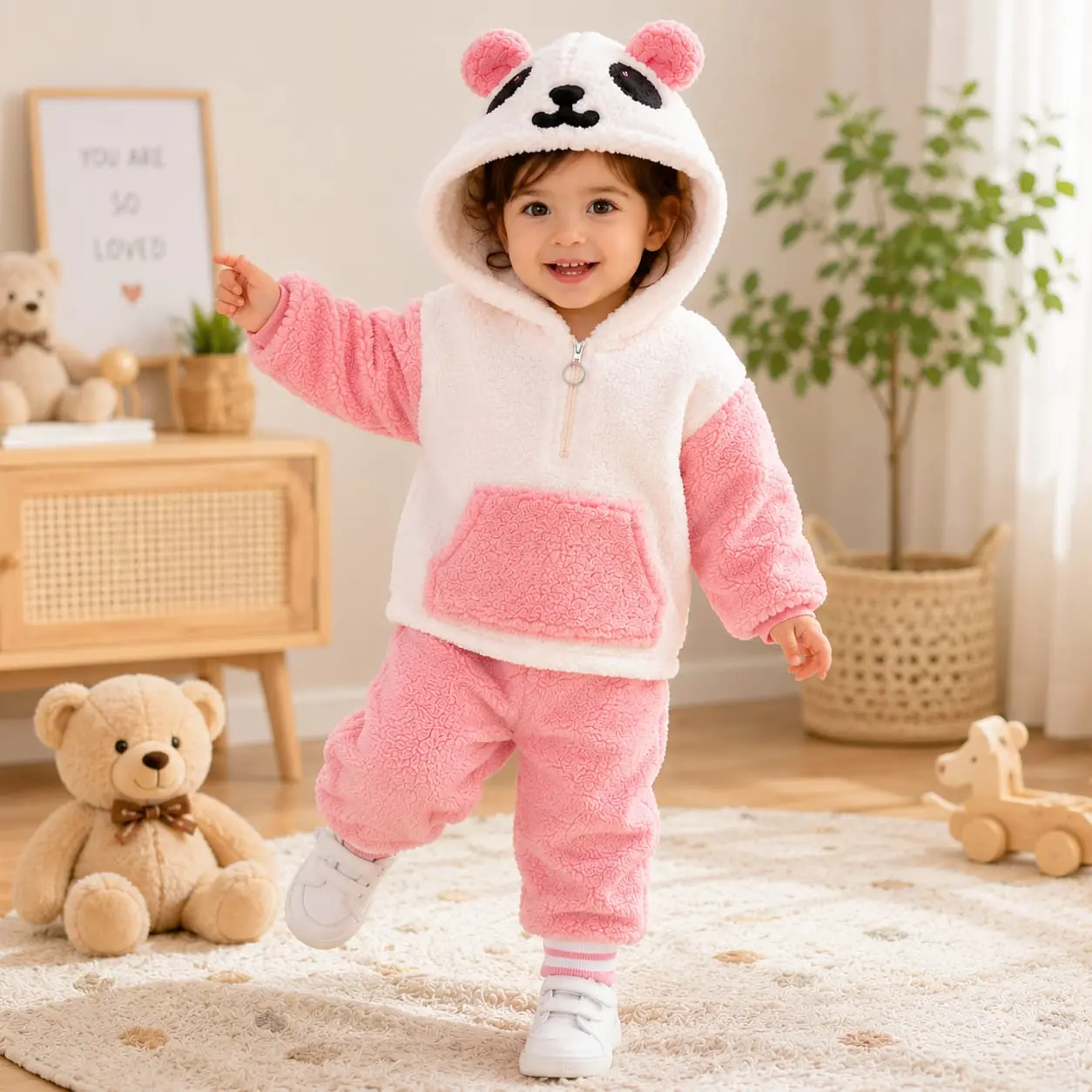 GRN Unisex Baby Panda Teddy Fleece Winter Hoodie Set for Kids | Warm Co-Ord - Image 2
