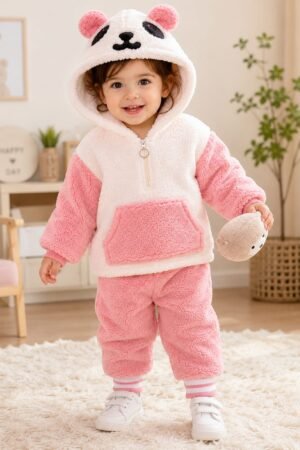 GRN Unisex Baby Panda Teddy Fleece Winter Hoodie Set for Kids | Warm Co-Ord