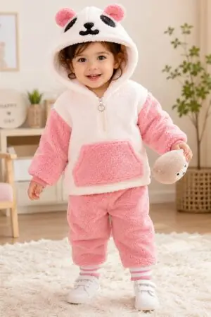 GRN Unisex Baby Panda Teddy Fleece Winter Hoodie Set for Kids | Warm Co-Ord