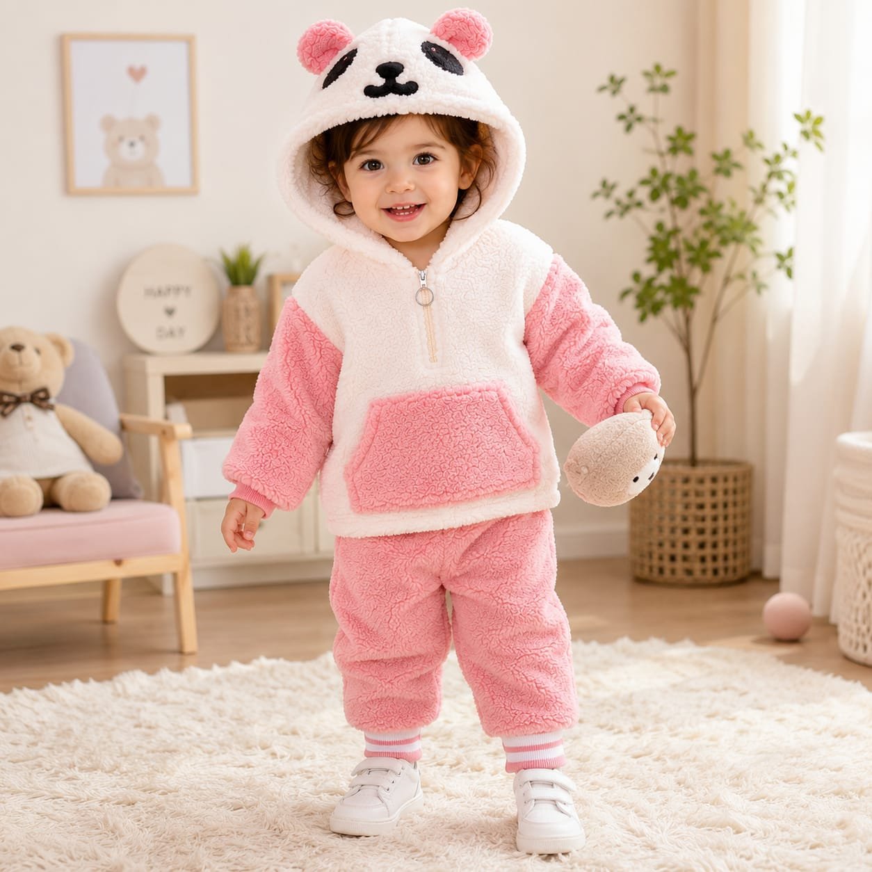 GRN Unisex Baby Panda Teddy Fleece Winter Hoodie Set for Kids | Warm Co-Ord