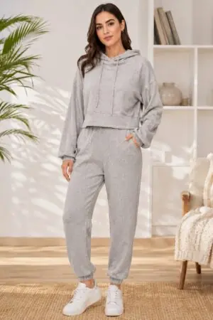 GRN Women's Ribbed Knit Hooded Co-Ord Set | Premium Soft Lounge Wear | Winter Casual Jogger Set