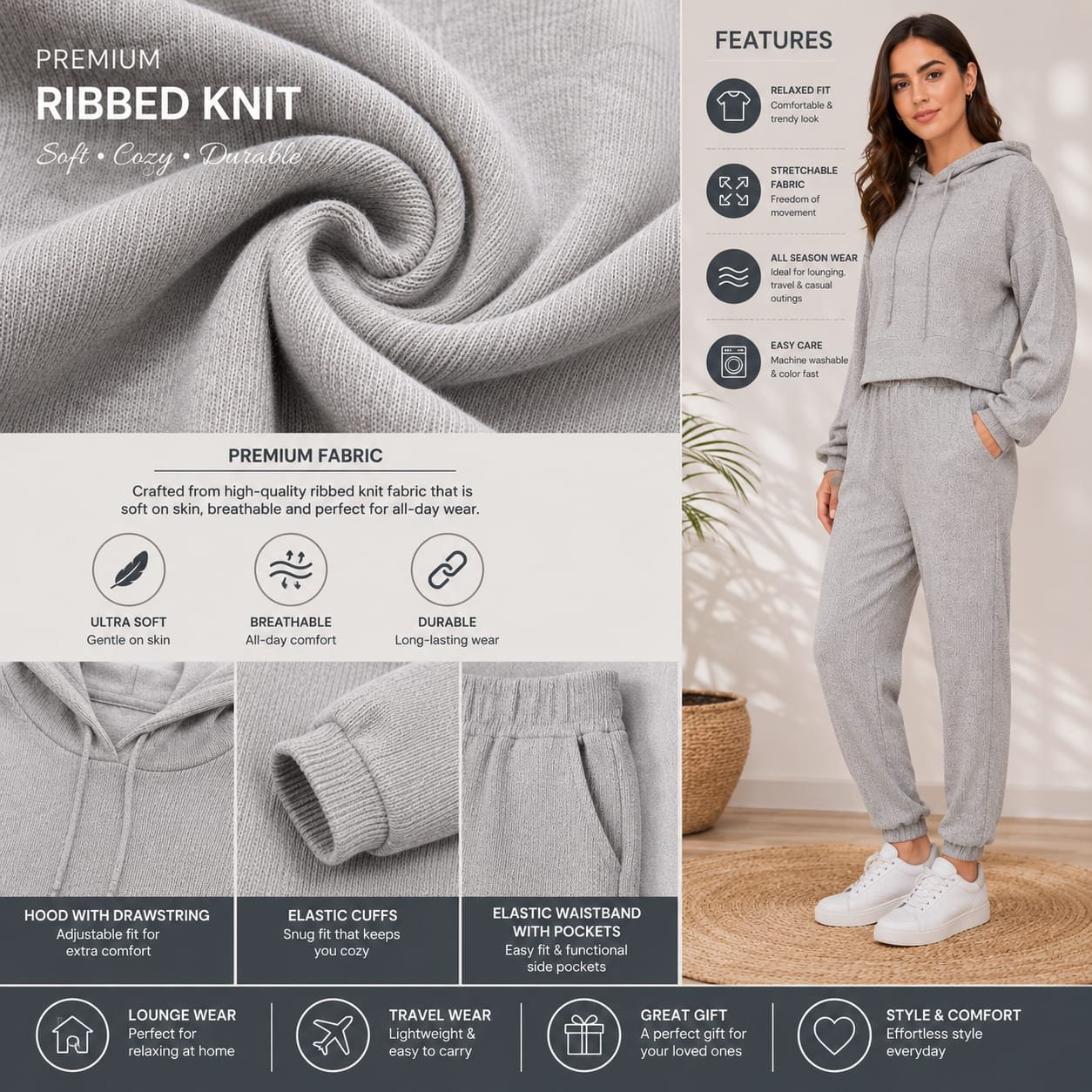 GRN Women's Ribbed Knit Hooded Co-Ord Set | Premium Soft Lounge Wear | Winter Casual Jogger Set - Image 5