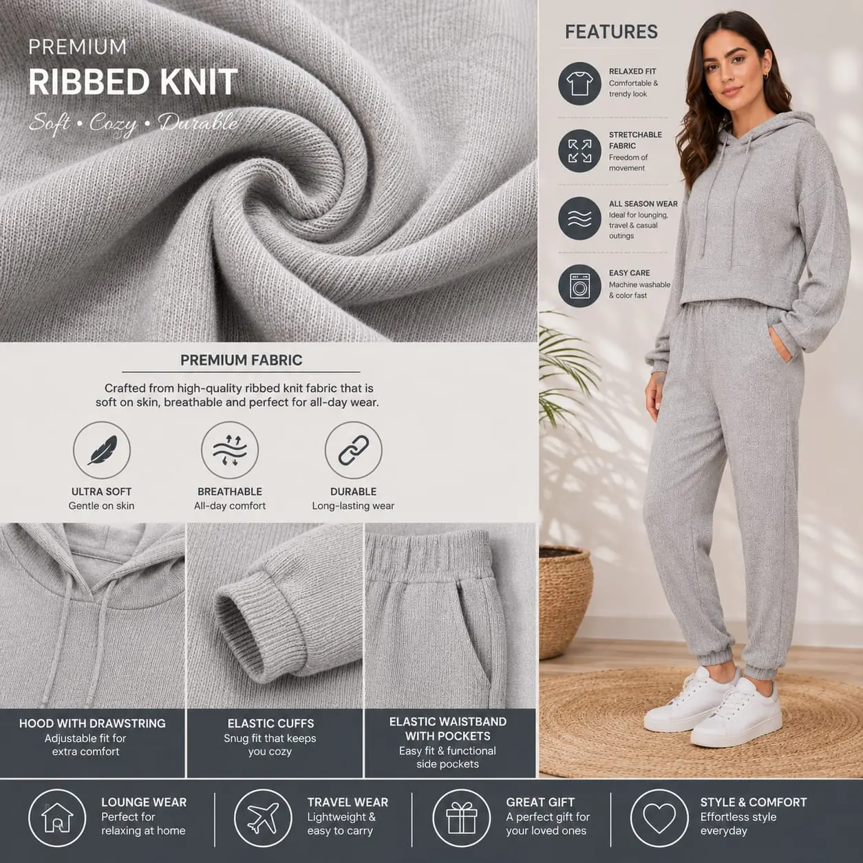 GRN Women's Ribbed Knit Hooded Co-Ord Set | Premium Soft Lounge Wear | Winter Casual Jogger Set - Image 5