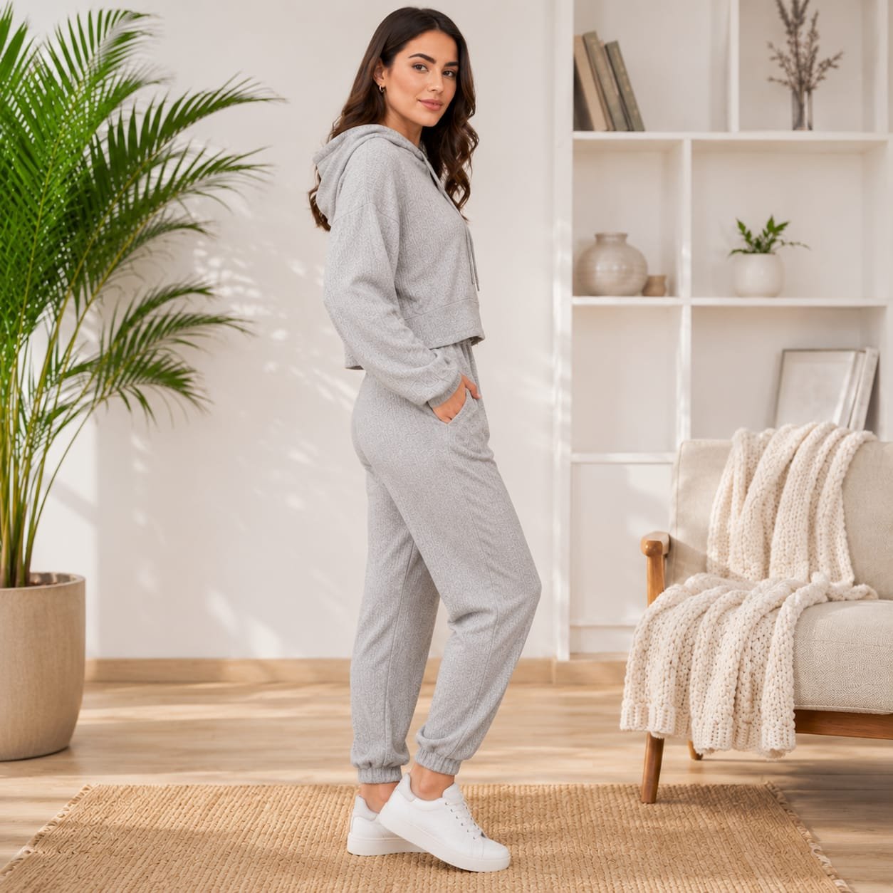 GRN Women's Ribbed Knit Hooded Co-Ord Set | Premium Soft Lounge Wear | Winter Casual Jogger Set - Image 3