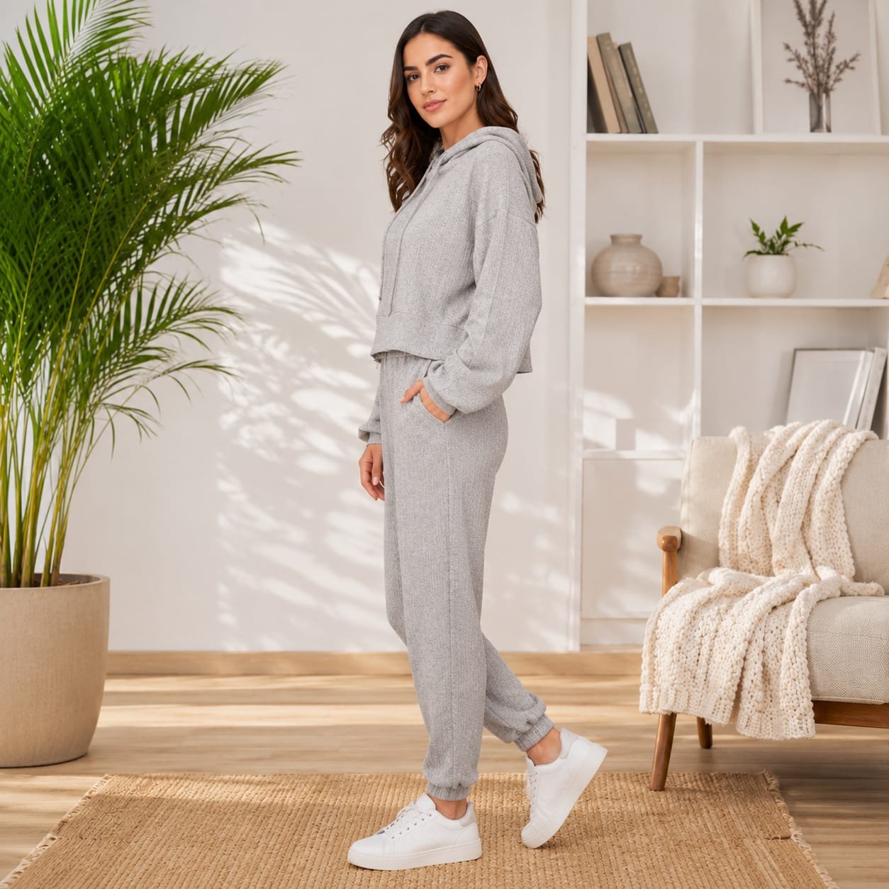 GRN Women's Ribbed Knit Hooded Co-Ord Set | Premium Soft Lounge Wear | Winter Casual Jogger Set - Image 2